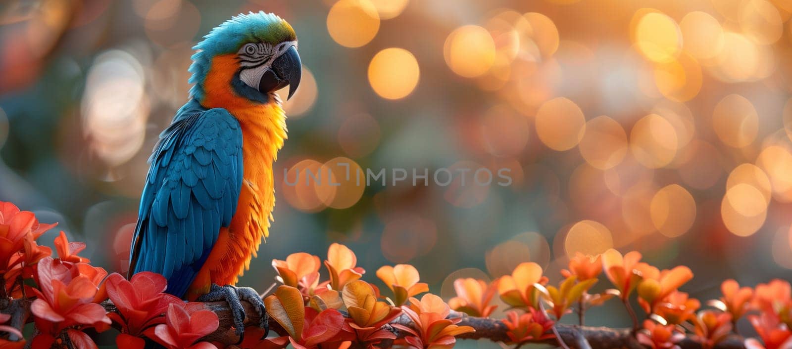 A colorful parrot with electric blue feathers is perched on a tree branch by richwolf