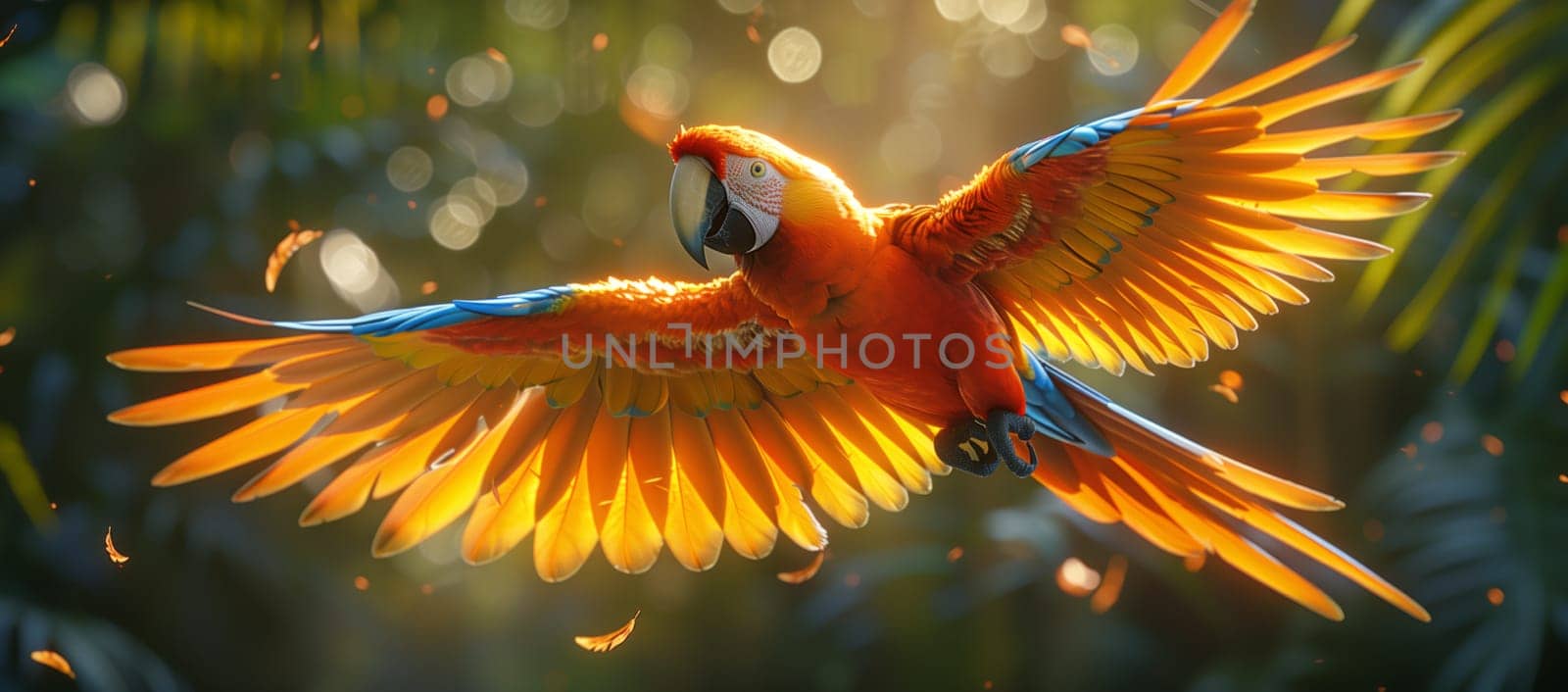 A vibrant electric blue parrot is soaring through the air, displaying its colorful wings in a beautiful macro photography shot in the wildlife event