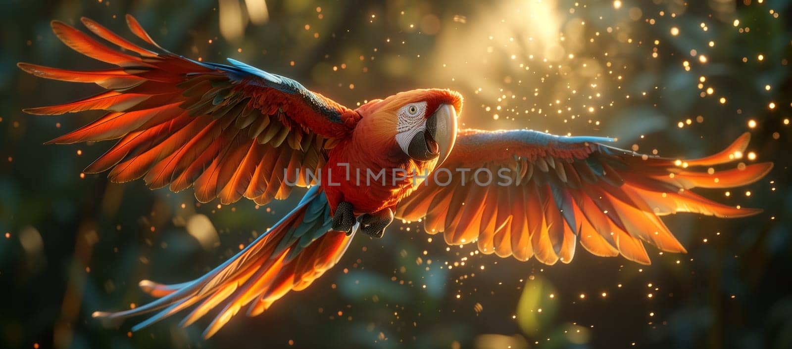 A parrot with colorful feathers is soaring through the air, its wings spread wide. This event showcases the beautiful wildlife of terrestrial animals like the parrot