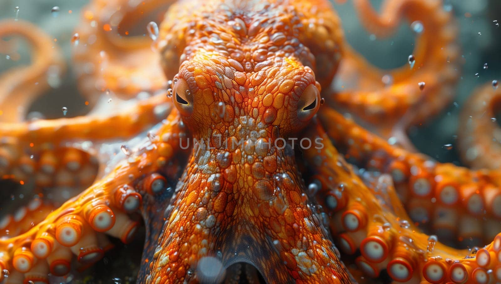 A marine invertebrate, the octopus is swimming underwater and making eye contact with the camera, potentially serving as a delicious ingredient in various cuisines