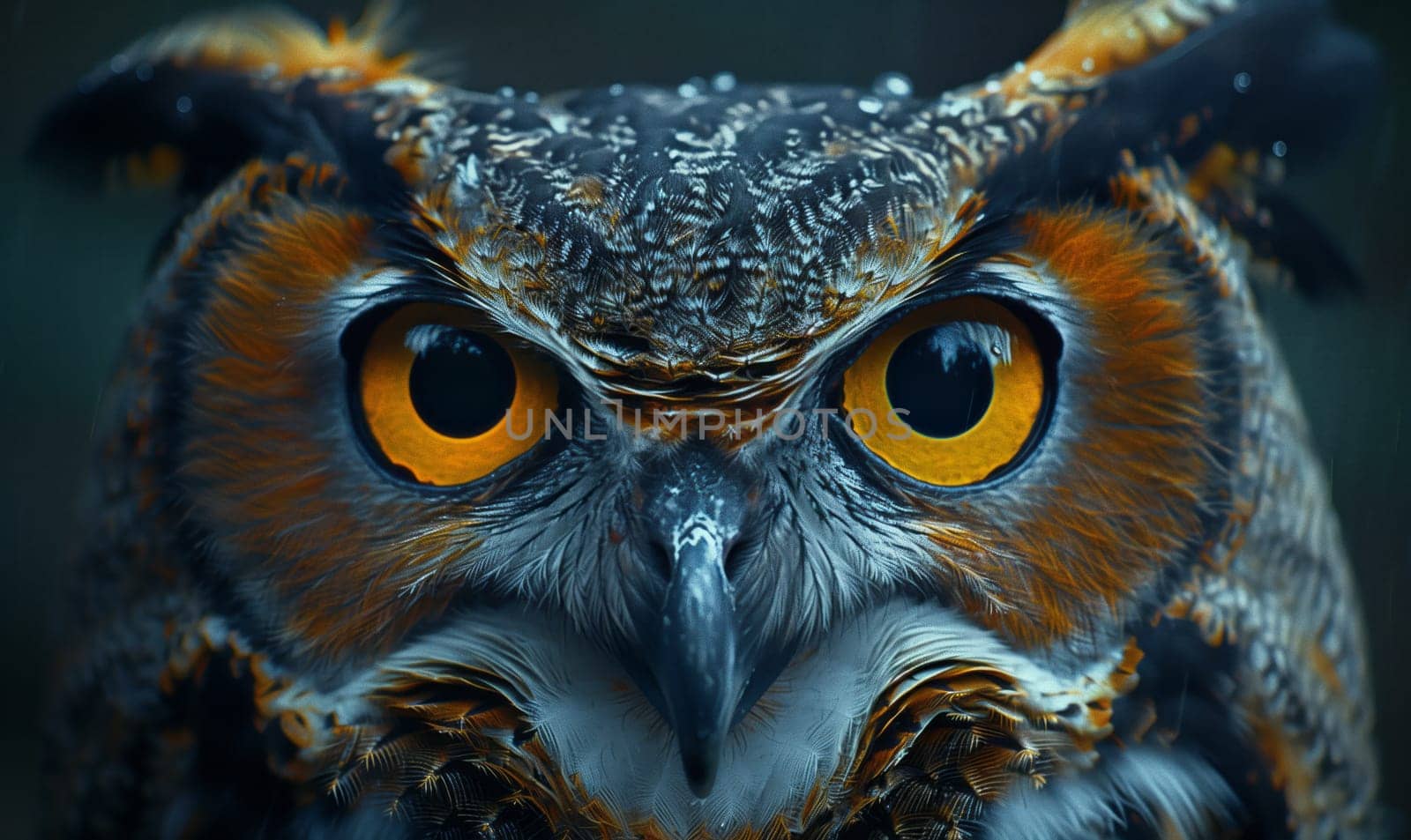 A closeup of an Eastern Screech Owls head, showcasing its bright yellow eyes with intense gaze. The owls distinctive iris, beak, and feather details are visible in this terrestrial animal