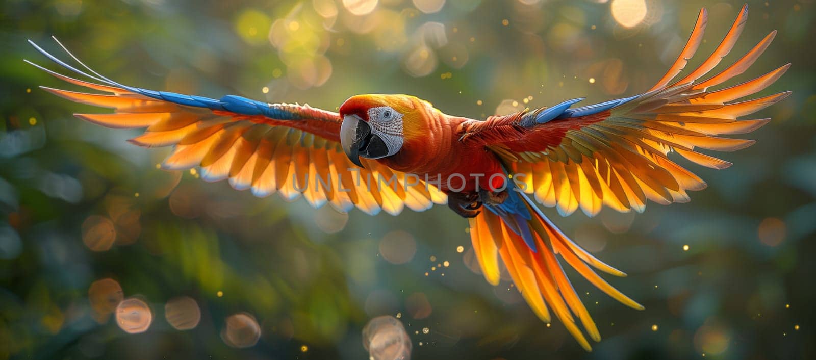 A vibrant parrot, with colorful feathers and wings spread, soars through the air in a captivating display of wildlife in macro photography