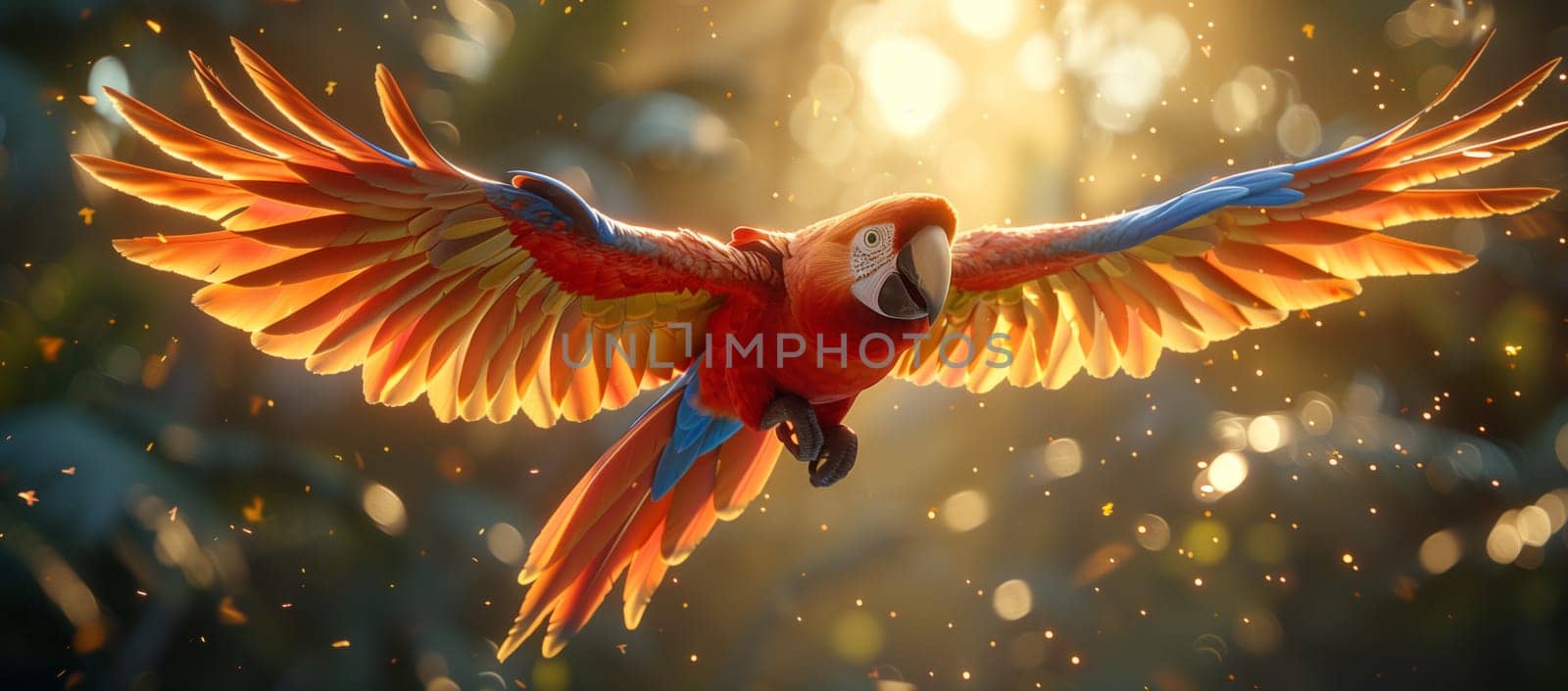 A red parrot is soaring with outstretched wings in flight by richwolf