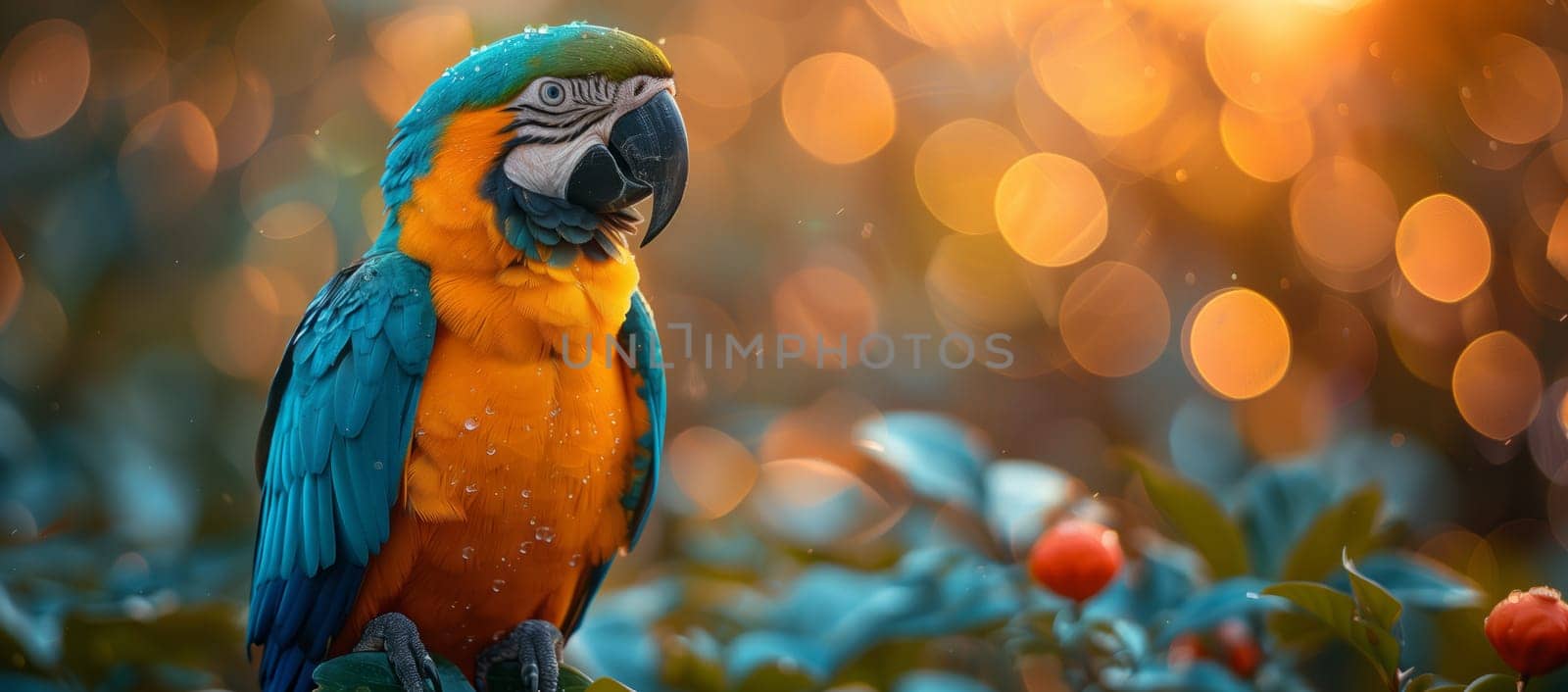 An electric blue and yellow Macaw parrot perched on a tree branch, showcasing its vibrant feathers and beak in a macro photography shot