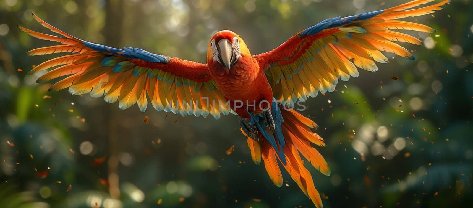 A vibrant parrot with colorful feathers is soaring through the sky in the jungle, showcasing its magnificent wings and distinctive tail