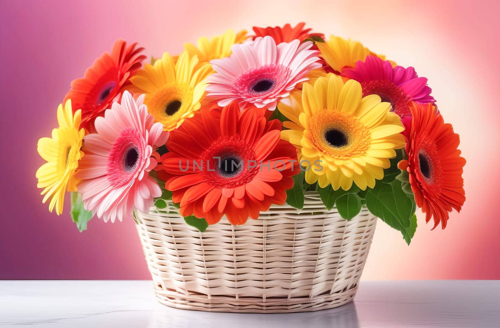 Lush bouquet of multi-colored gerberas in a basket, illustration in pastel colors. AI generated.