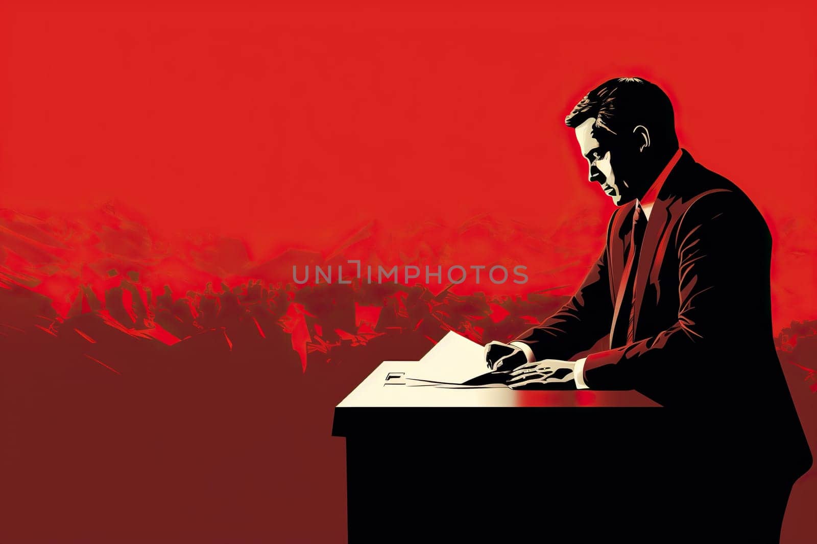 Image of a male politician at a table with papers on a red background. Concept of elections, politics, democracy. Generative AI by Vovmar