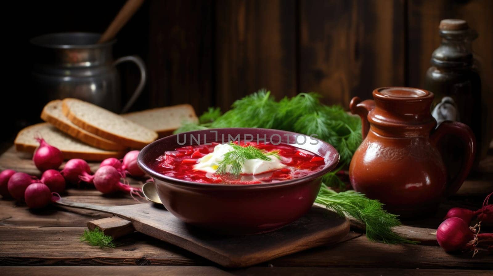 A bowl of borscht, a traditional Eastern European soup, garnished with sour cream and slices of radishes.