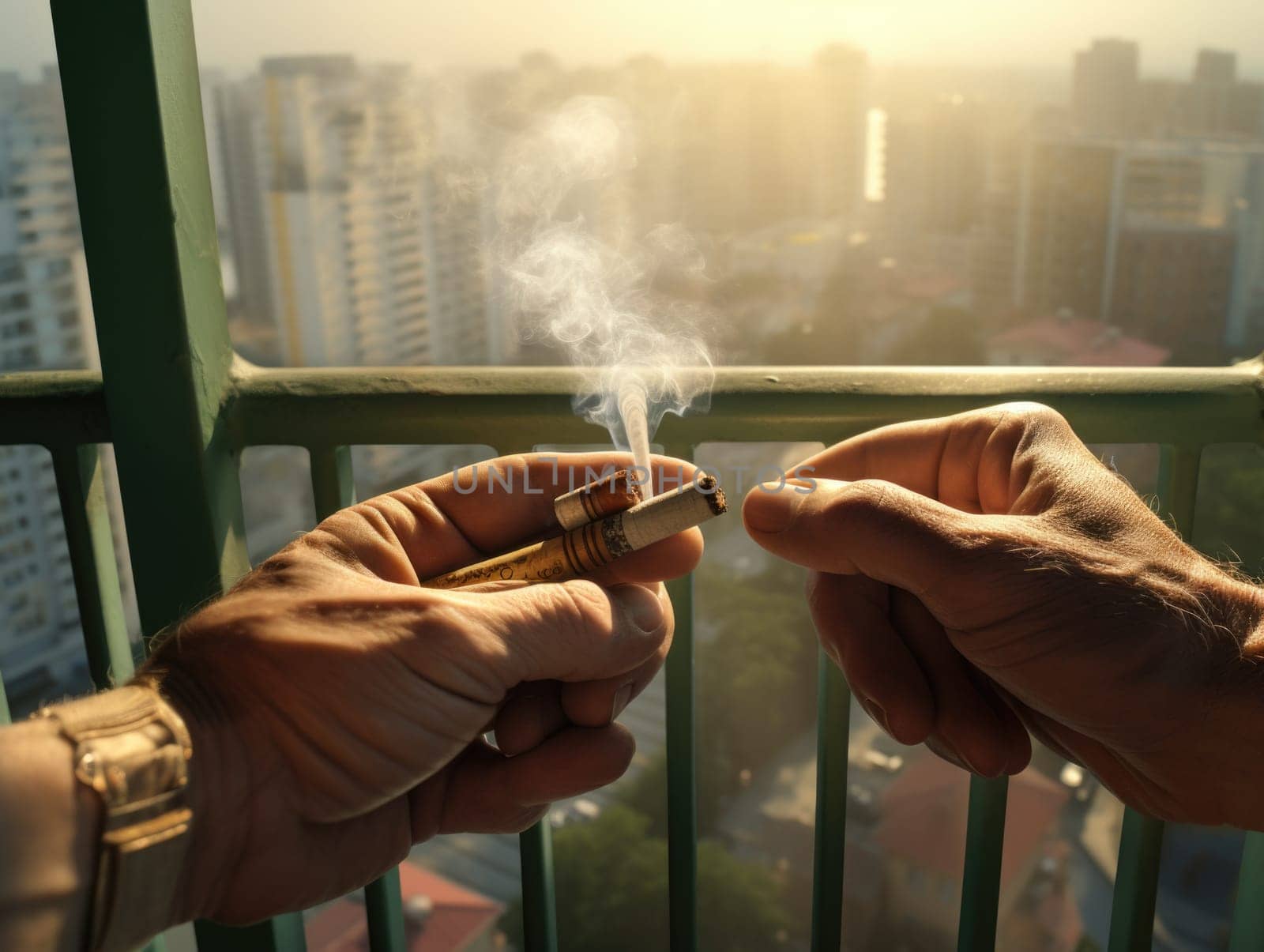Two men engage in smoking on a balcony, holding a cigarette in their hands.