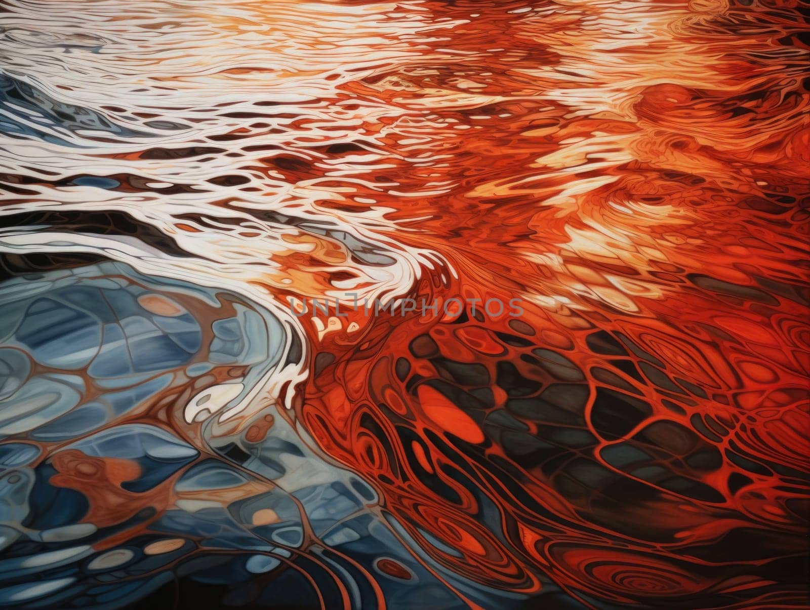 A dynamic and bold painting depicting a wave in vibrant hues of red and blue.