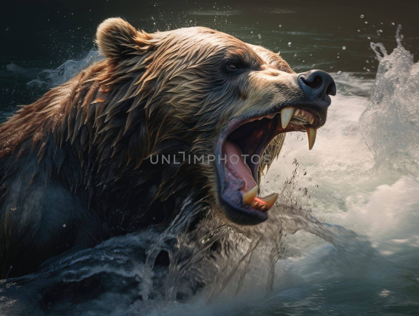 An image of a bear in the water with its mouth open.