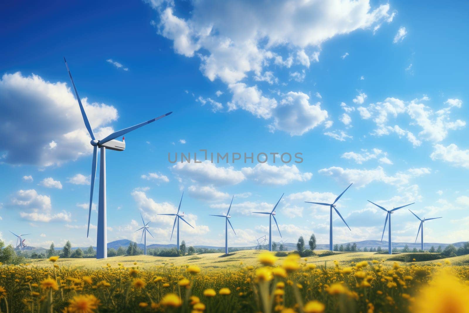 A group of windmills positioned alongside a vast expanse of grass and sunflowers, creating a visually striking landscape.