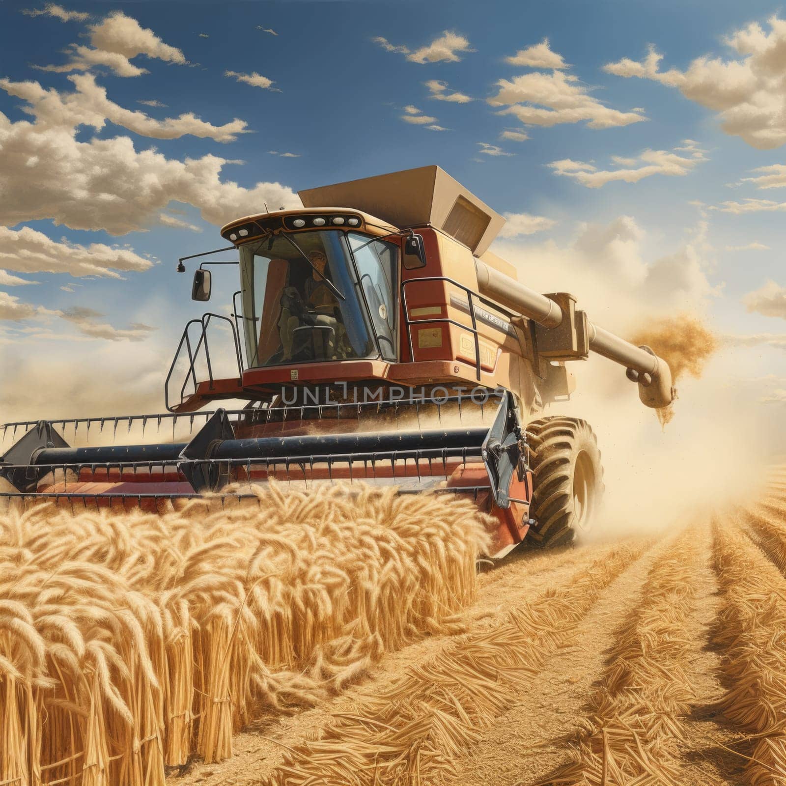 Large Combine Harvesting Wheat in Field. Generative AI. by but_photo