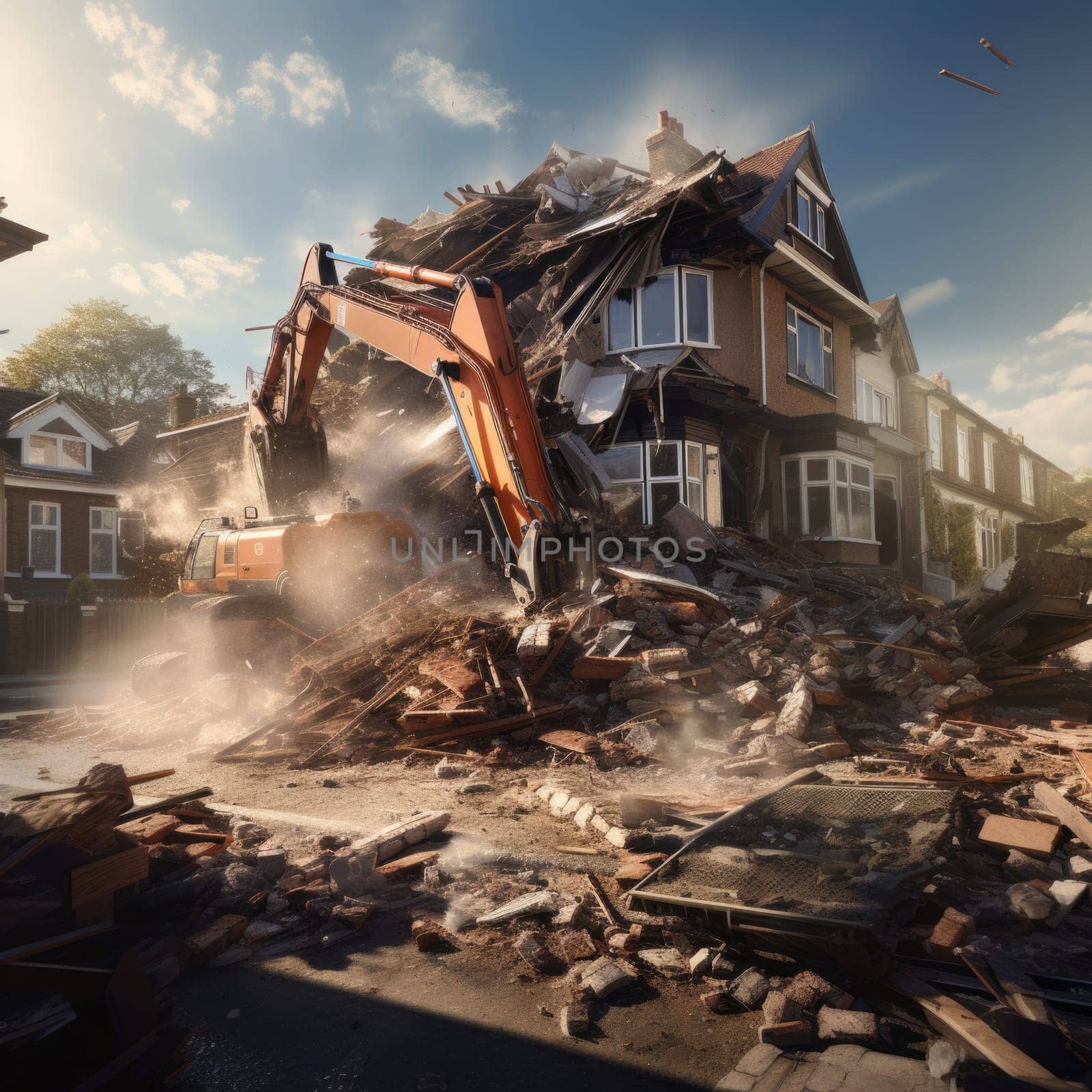 A demolished house stands in ruins while a bulldozer looms in the foreground, showing the aftermath of a house demolition.
