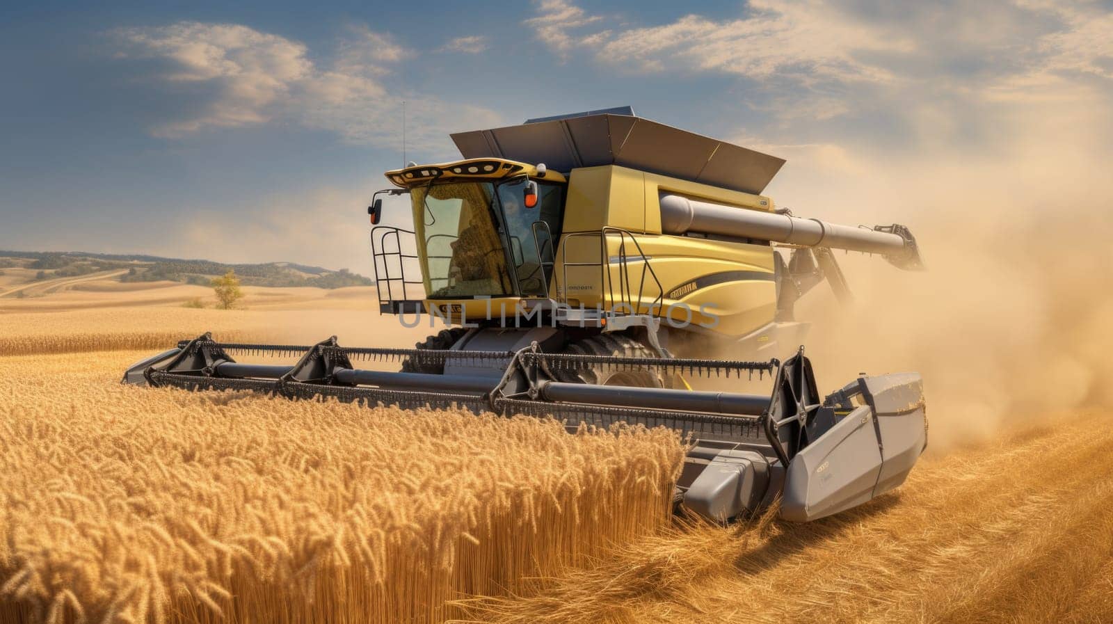 A combine machine efficiently harvests ripe wheat in a vast field.