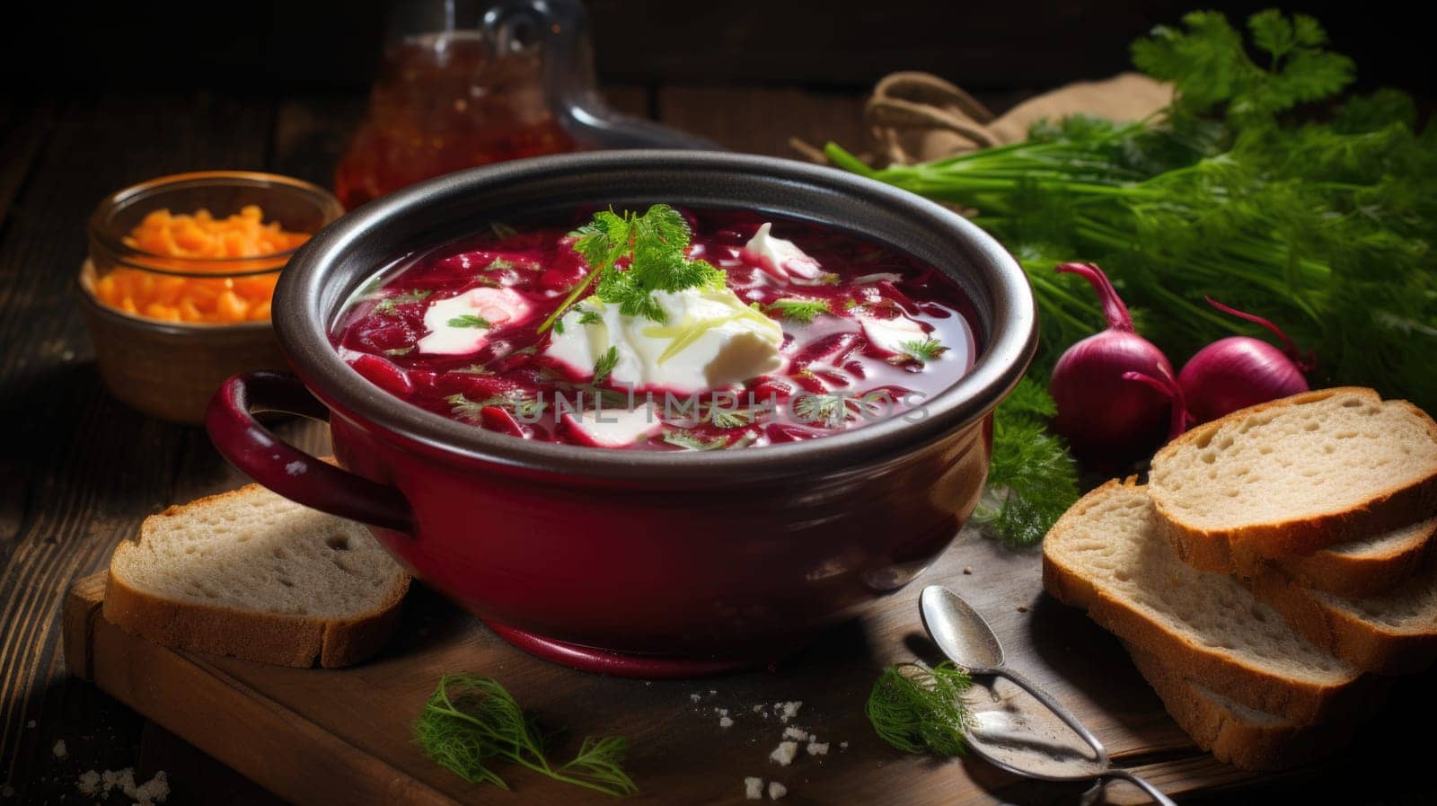 A bowl filled with traditional Borscht soup topped with sour cream and a medley of colorful vegetables.