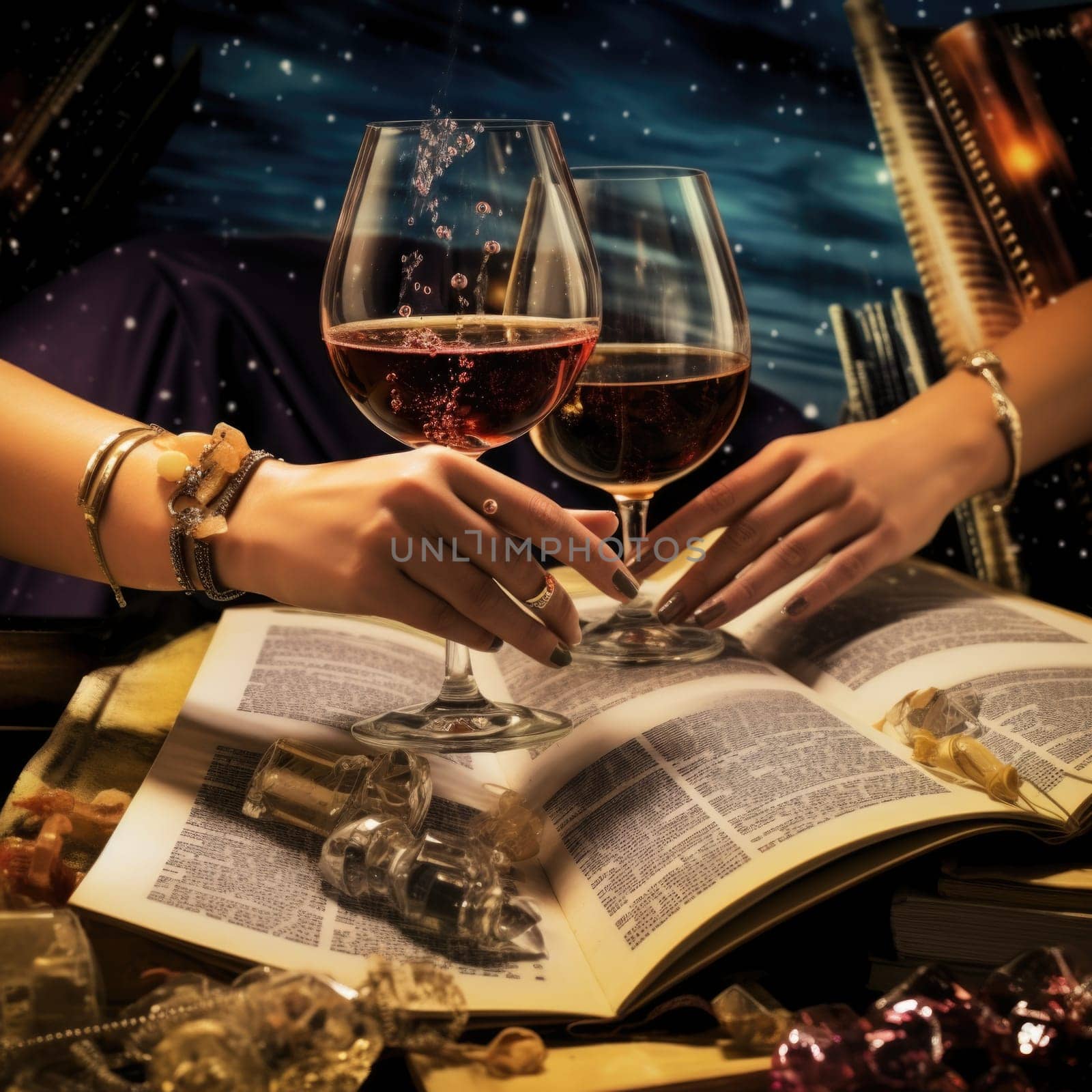 A girl and a guy relax as they hold wine glasses and peruse a book.