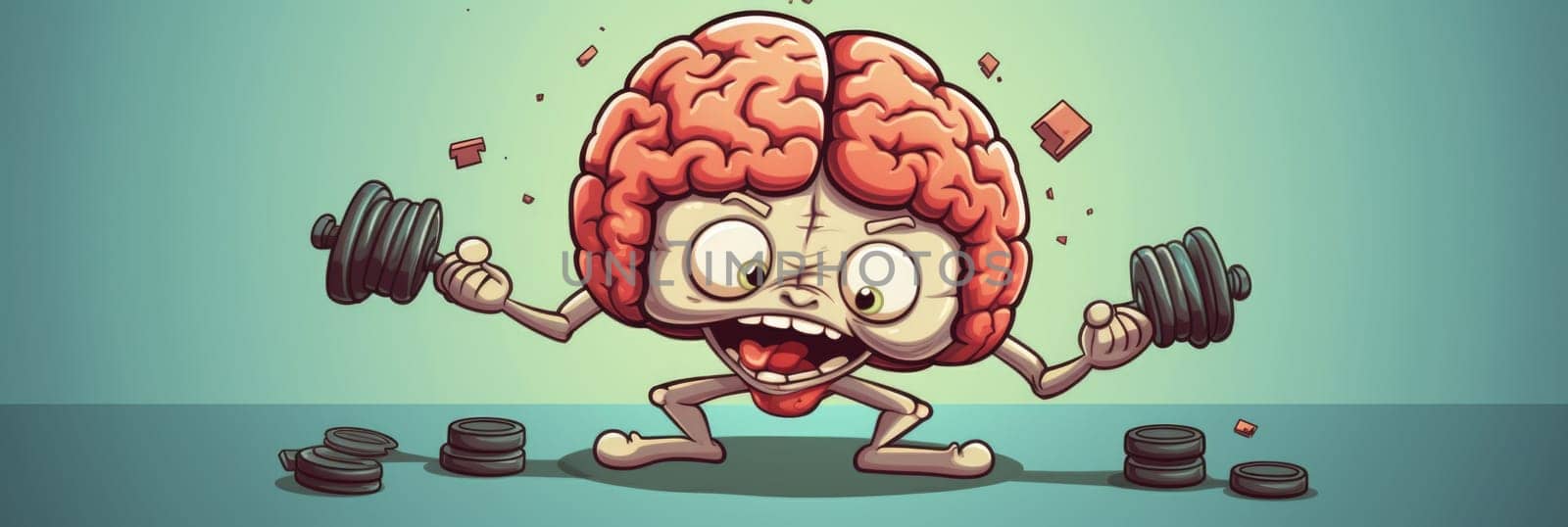Cartoon Brain Lifting Dumbbells. Generative AI. by but_photo