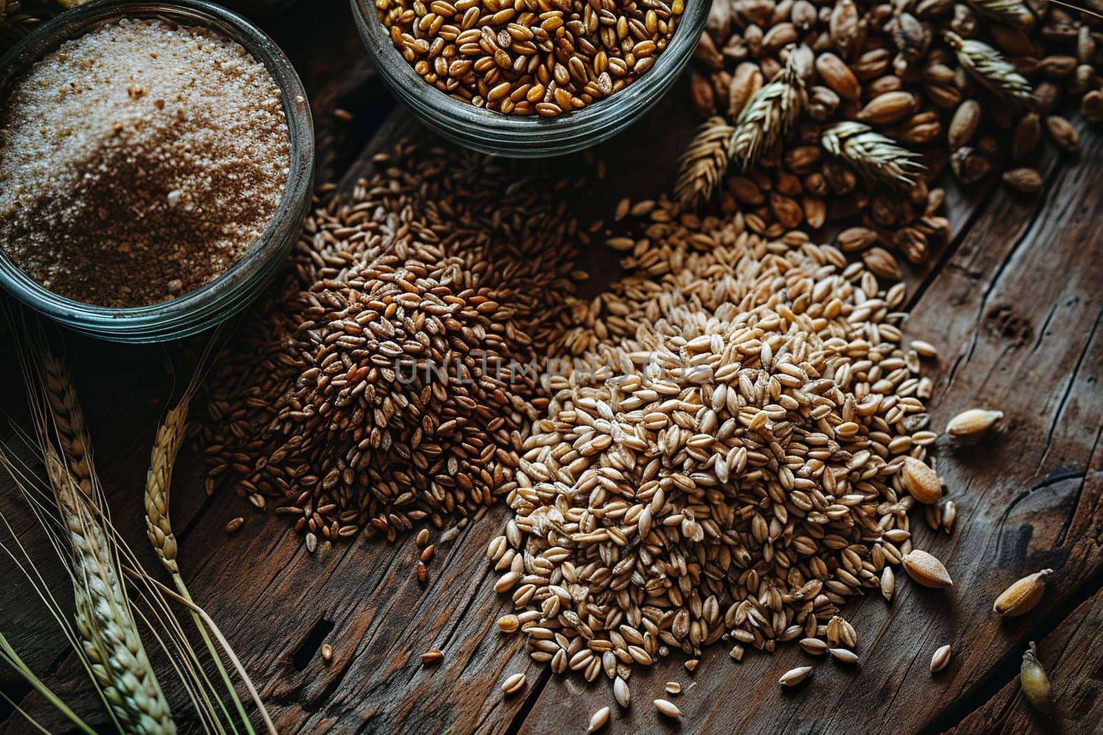 Top view of small piles of grain on a wooden table. Cereal harvest concept.