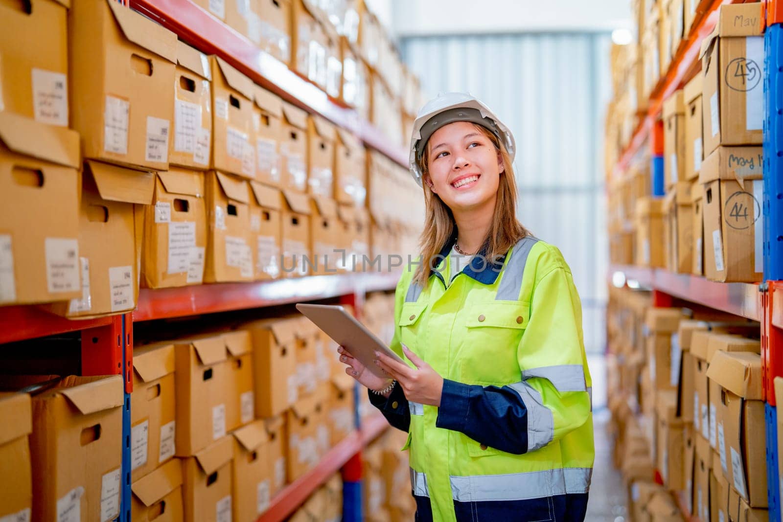 Portrait of young warehouse worker woman hold tablet and look to product boxes on her left side on shelves during check stock in workplace area.