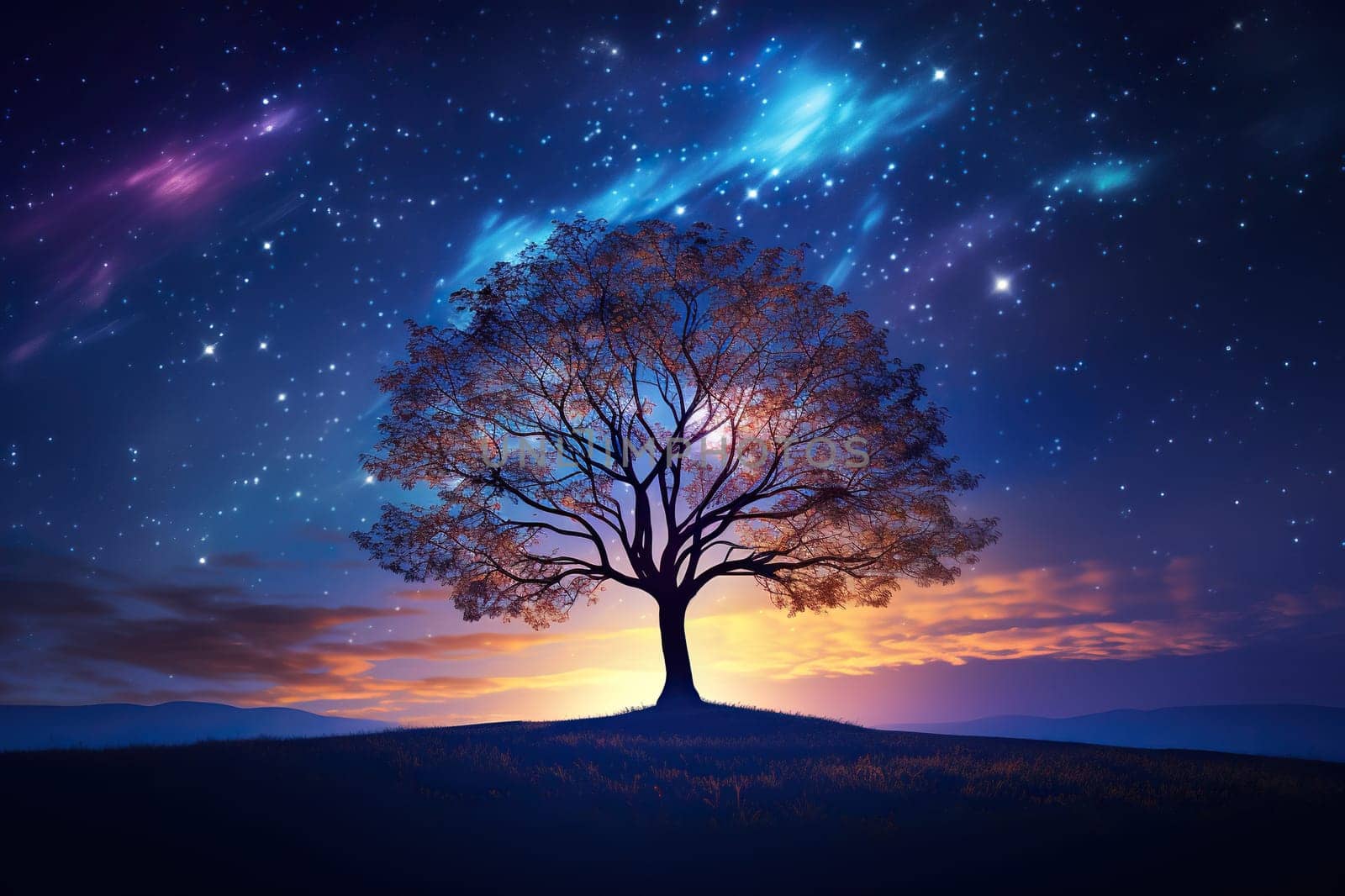 Silhouette of a tree against the background of the night starry sky.