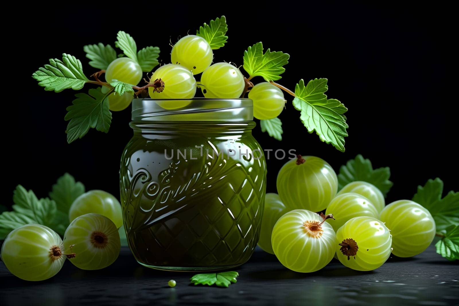 ripe gooseberry jam in a glass isolated on a green background .