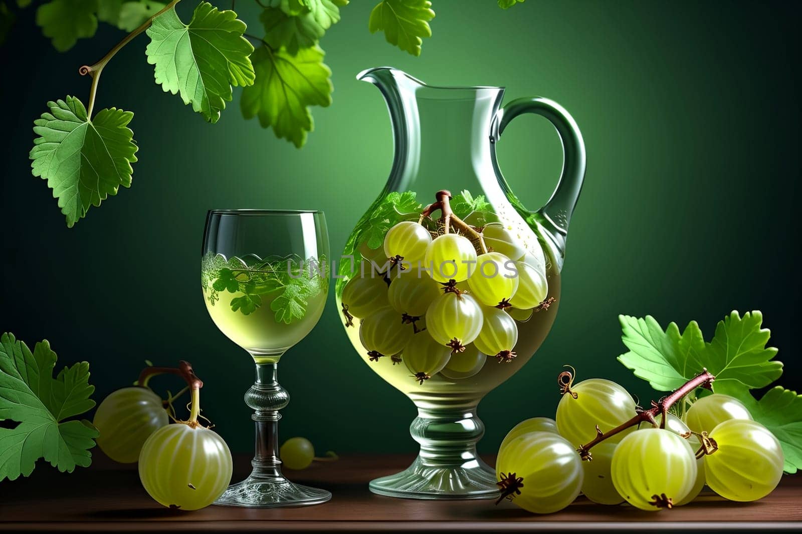 gooseberry liqueur, wine in a glass isolated on a green background .