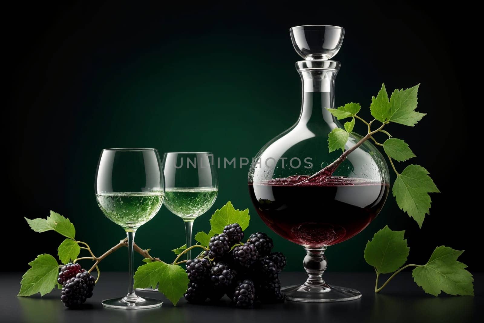 mulberry liqueur, wine in a glass isolated on a green background .