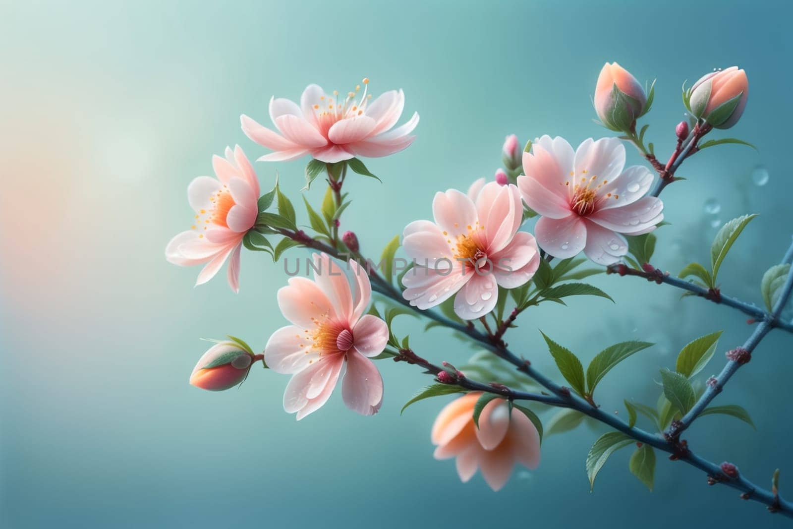 blooming pink peach flowers on a blue background.