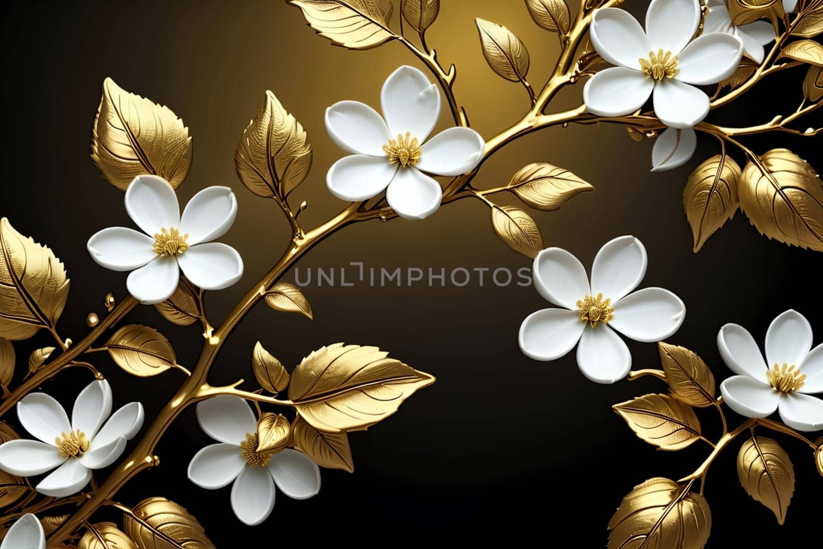 beautiful abstract background with white flowers in gold.