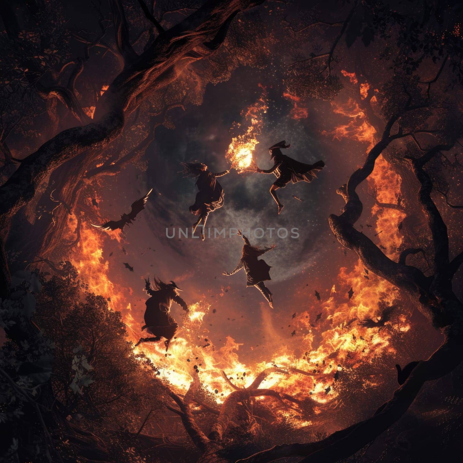 A group of individuals on horseback navigate through a forest engulfed in flames.