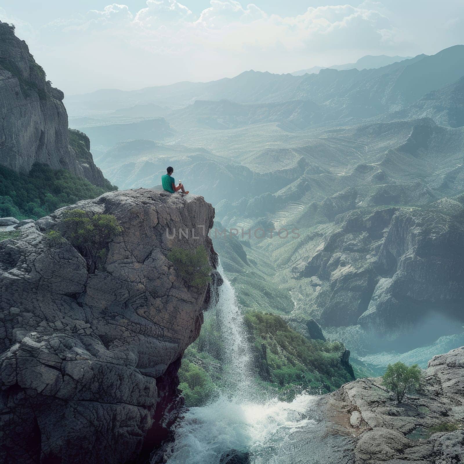 Two Asian people sit on top of a cliff, enjoying the view of a majestic waterfall while holding bottles.