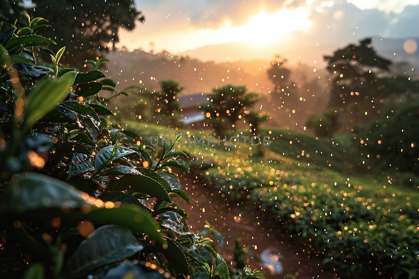 Rain over a large tea plantation.