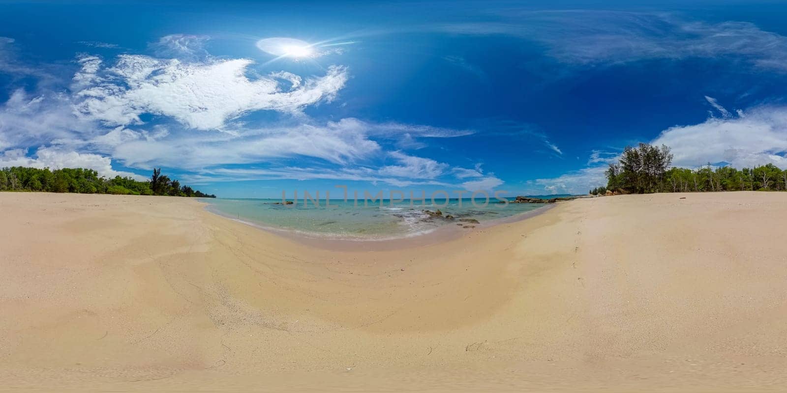 Tropical landscape with beautiful sandy beach. Borneo, Malaysia. Tindakon Dazang Beach. 360-Degree view.