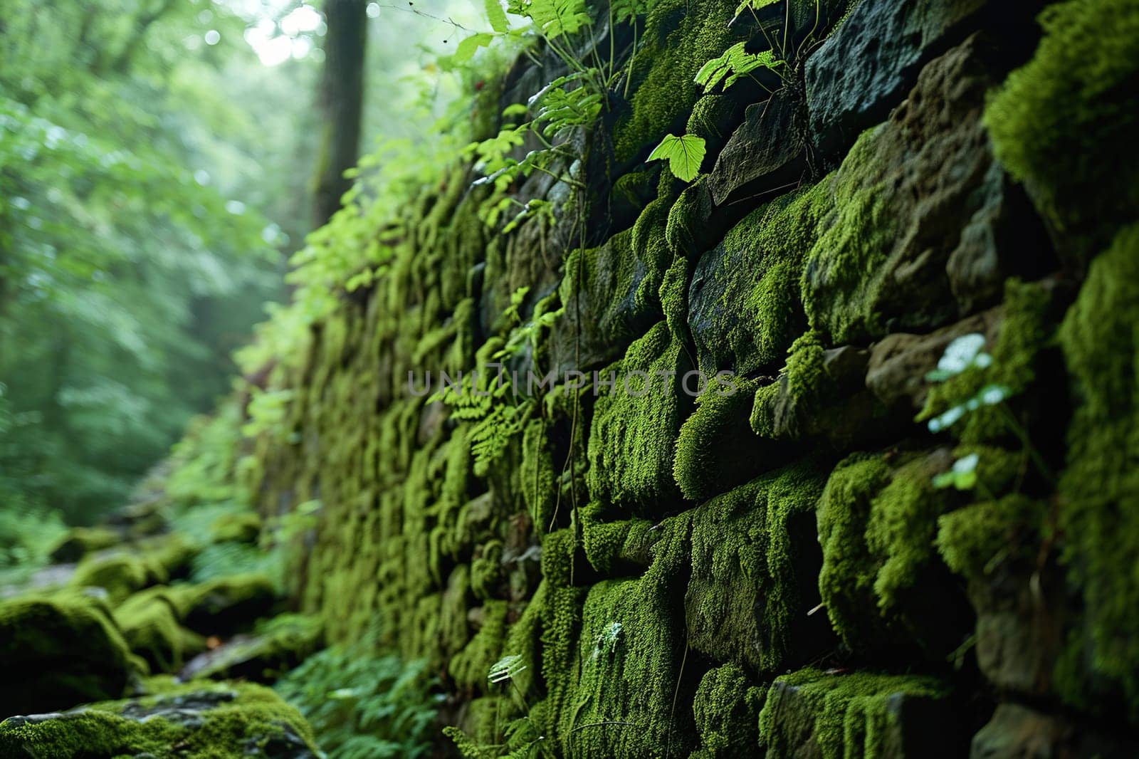 Close-up of moss on a wall in the forest.