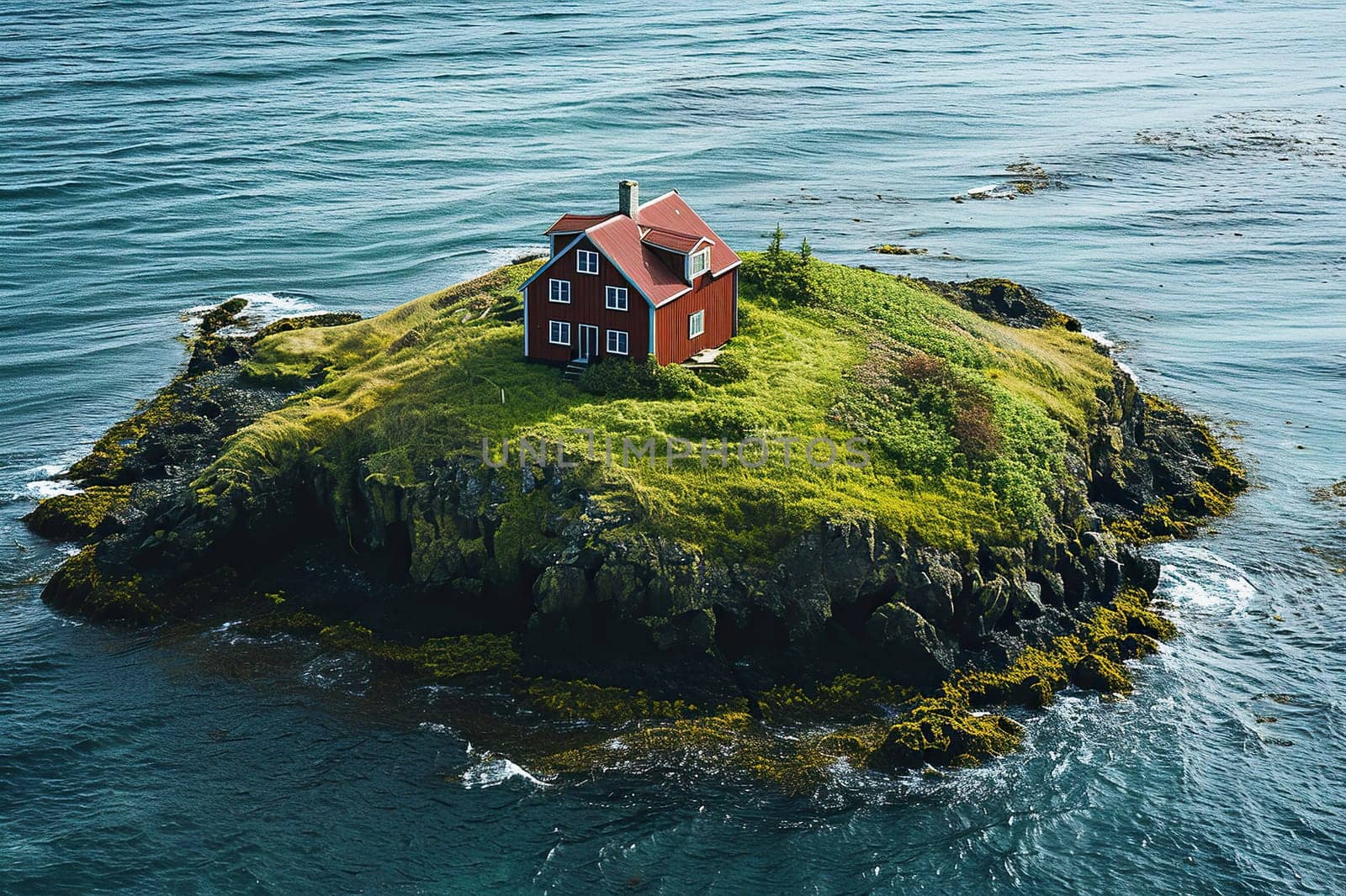 A traditional red Scandinavian fisherman's house on a small island in the middle of the ocean.