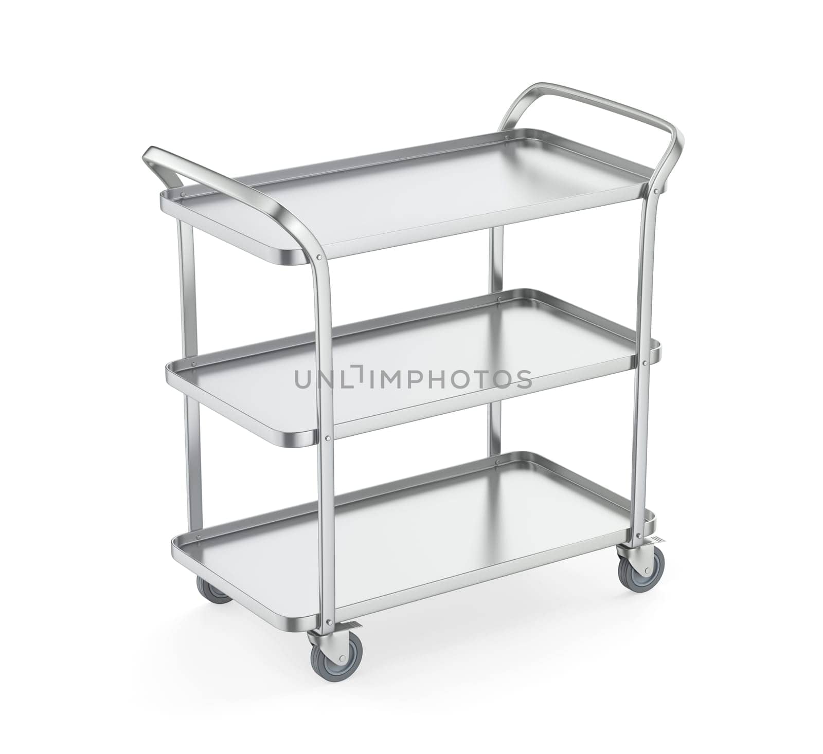 Empty silver serving cart on white background