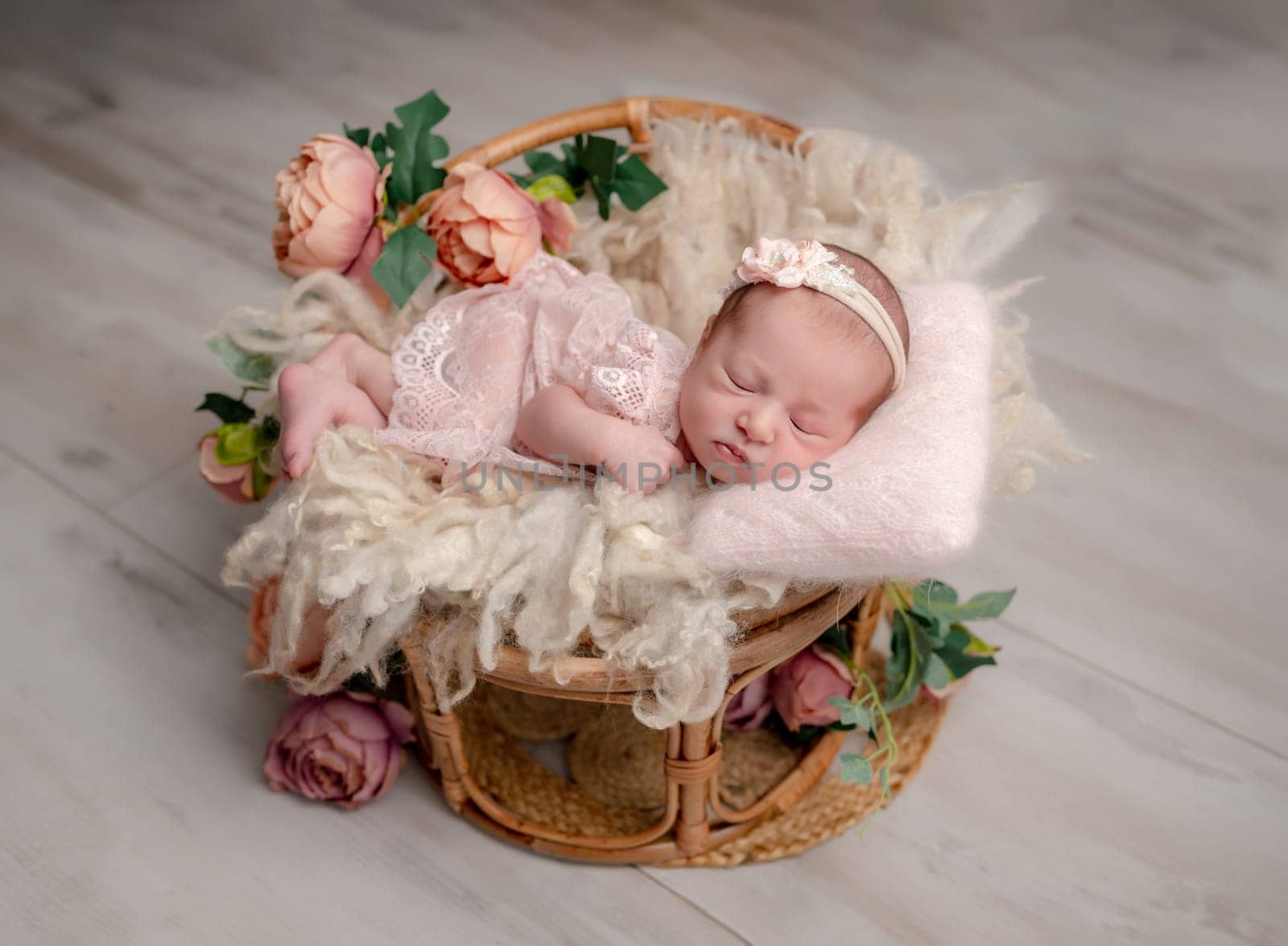 Newborn Girl In Pink Outfit With Toy Cat Sleeps In Heart-Shaped Wooden Bowl by tan4ikk1