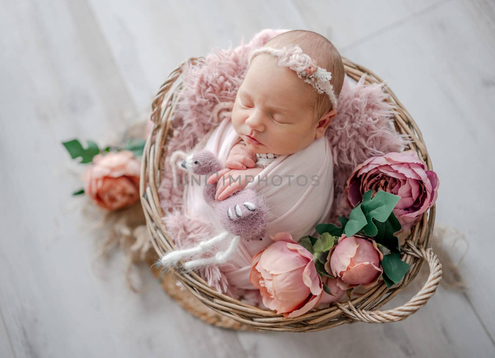 Newborn Girl In Pink Outfit With Toy Cat Sleeps In Heart-Shaped Wooden Bowl by tan4ikk1