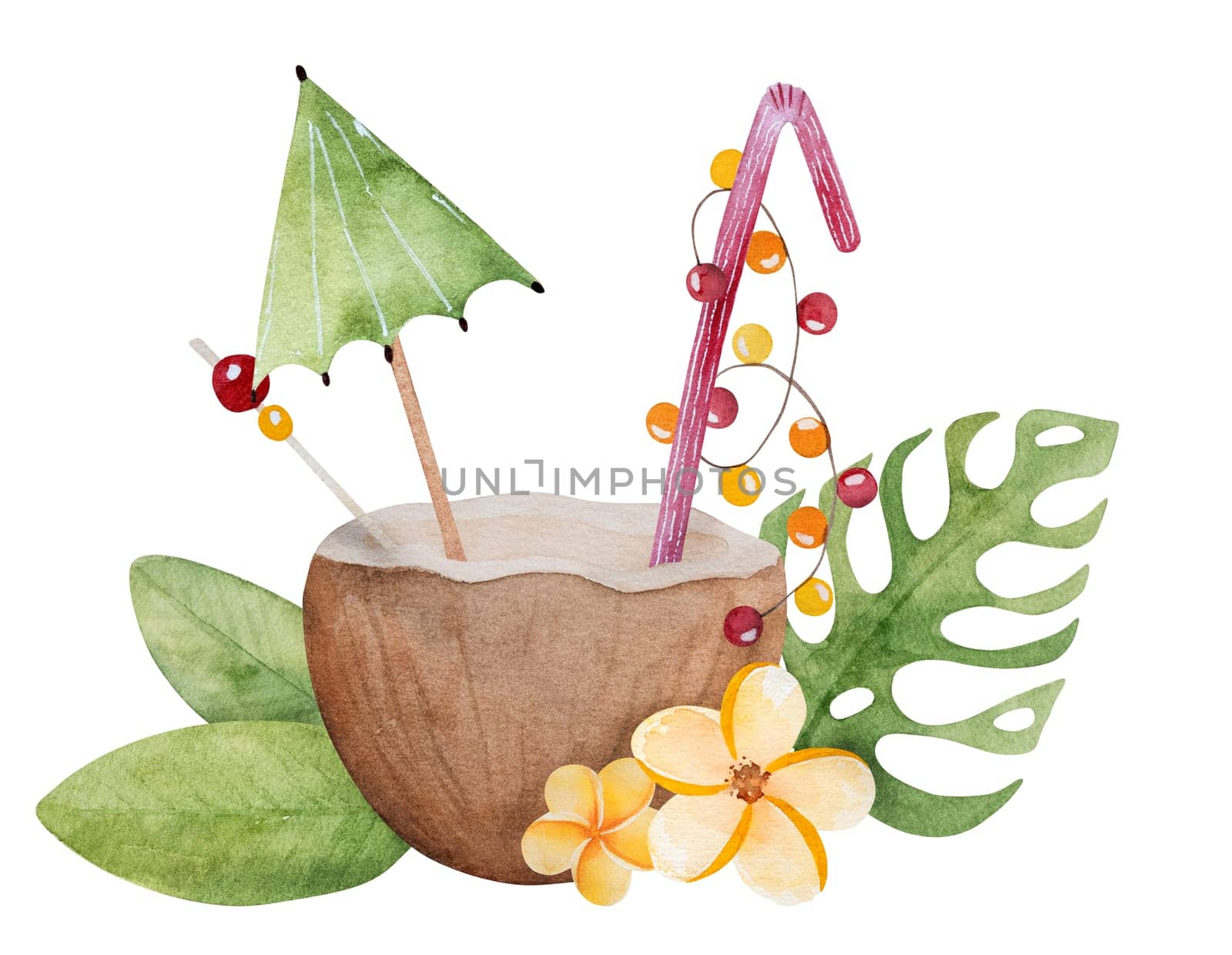 Hand-Drawn Illustration A Cocktail In A Coconut Decorated With An Umbrella, Tropical Flowers, And Leaves by tan4ikk1
