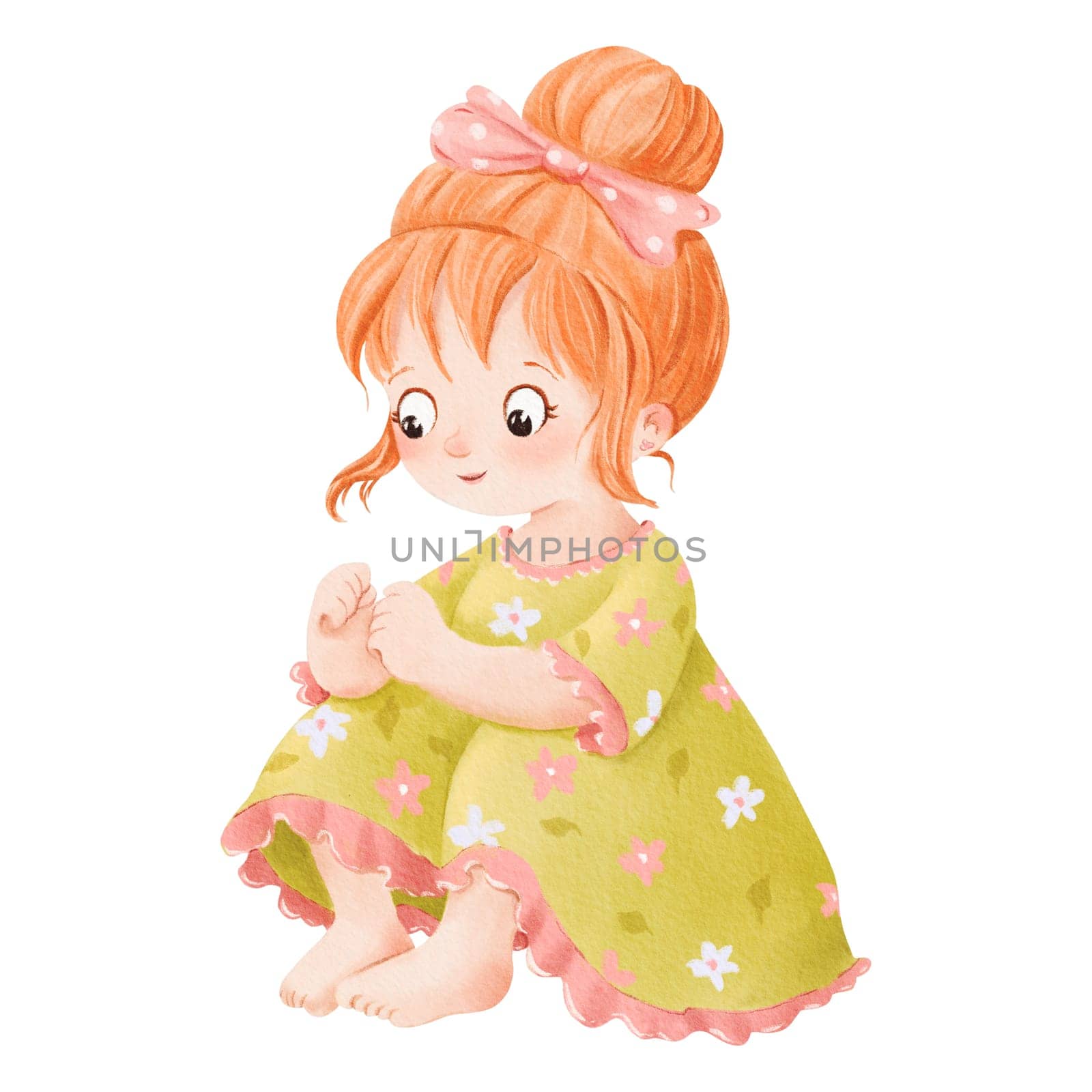 A watercolor children's illustration. a small red-haired girl sitting. She wears a green dress with a flower pattern and a pink bow. for children's books educational materials, or greeting cards by Art_Mari_Ka