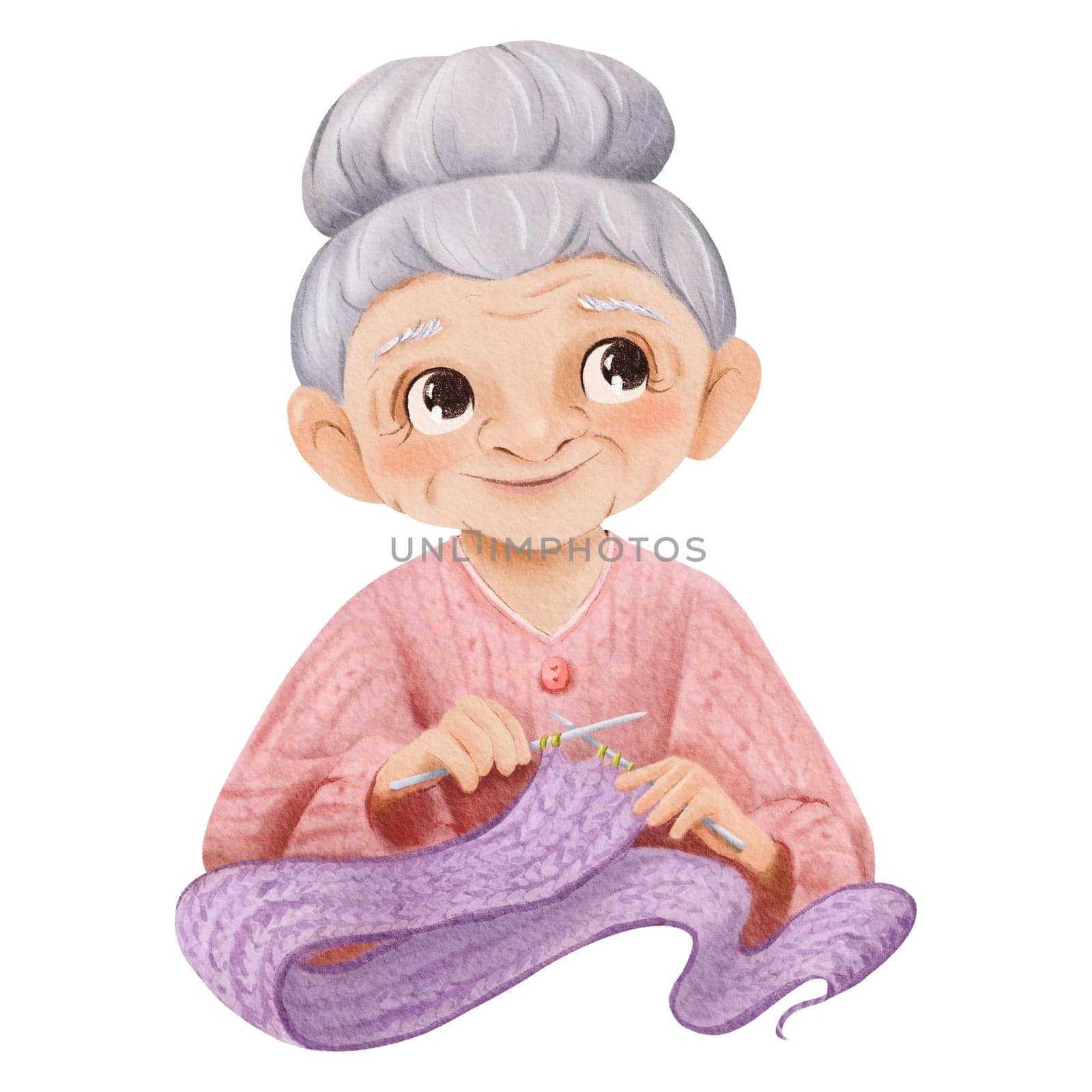 A watercolor children's illustration. a gray-haired grandmother knitting a scarf. hair in a bun and wears a pink sweater. a smiling woman engaged in knitting, for education or family-themed designs.