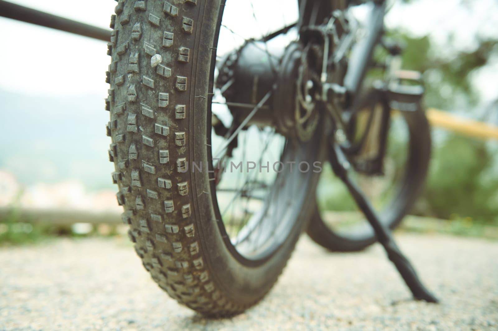 Details of a tubeless electric mountain bike tire wheel, standing on the the road trail. View from below. Low viewing angle. Selective focus by artgf