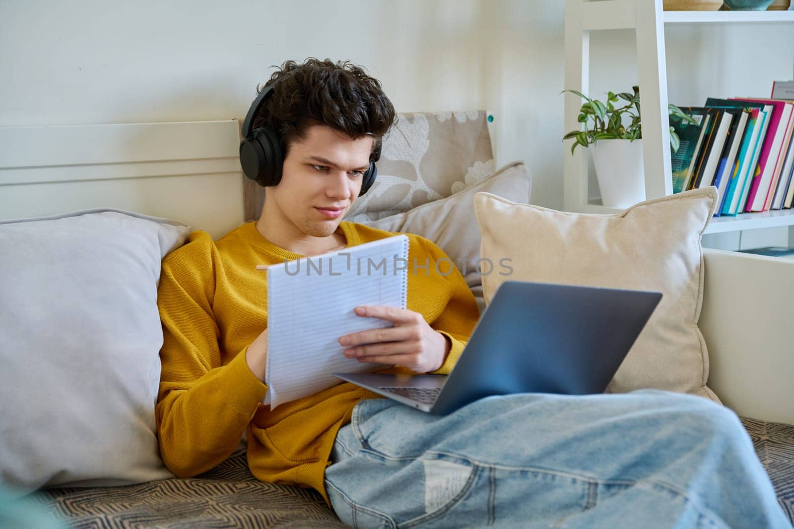 Young guy college student in headphones using laptop making notes, sitting on couch at home. Webinar listening audio online conference chat lesson e-learning education remote classes internet meetings