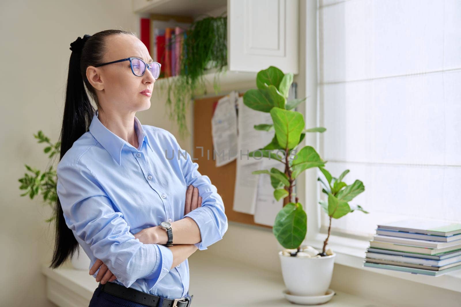 Serious thoughtful confident woman with crossed arms looking out the window. Emotions, lifestyle, health, people concept