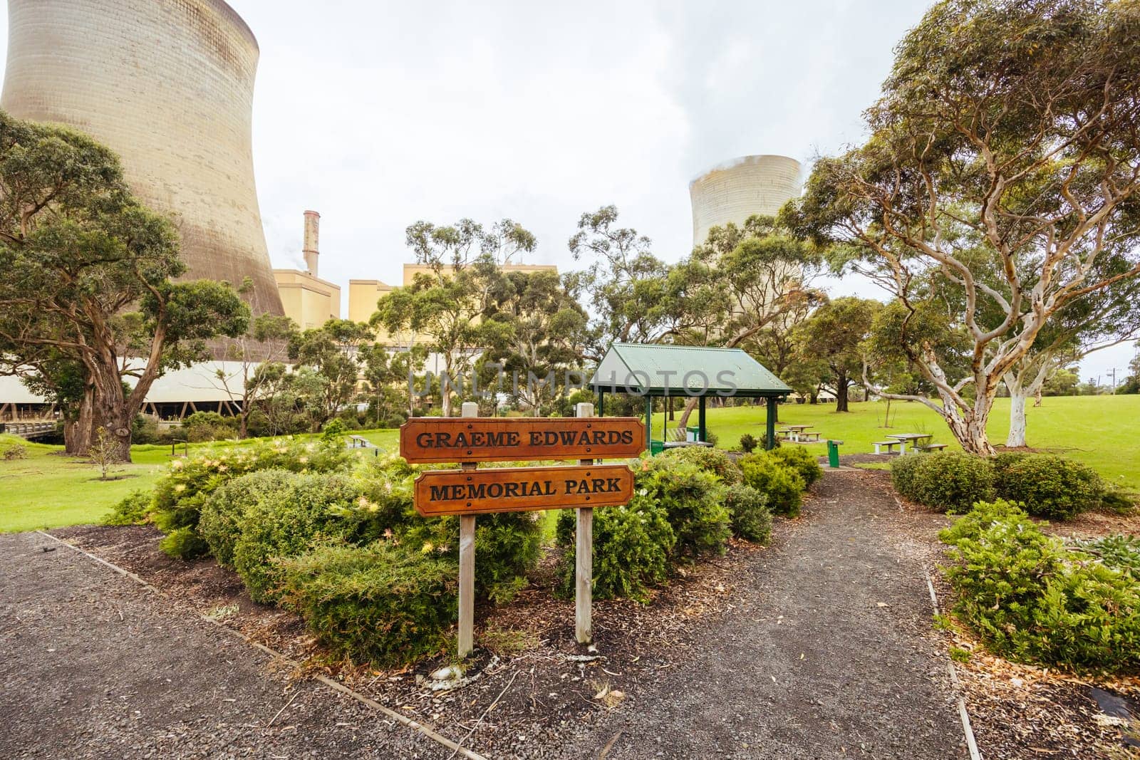 Graeme Edwards Memorial Park near Yallourn Power Station built as a memory of an employee killed at the plant. Based near the town of Yallourn, in Victoria, Australia