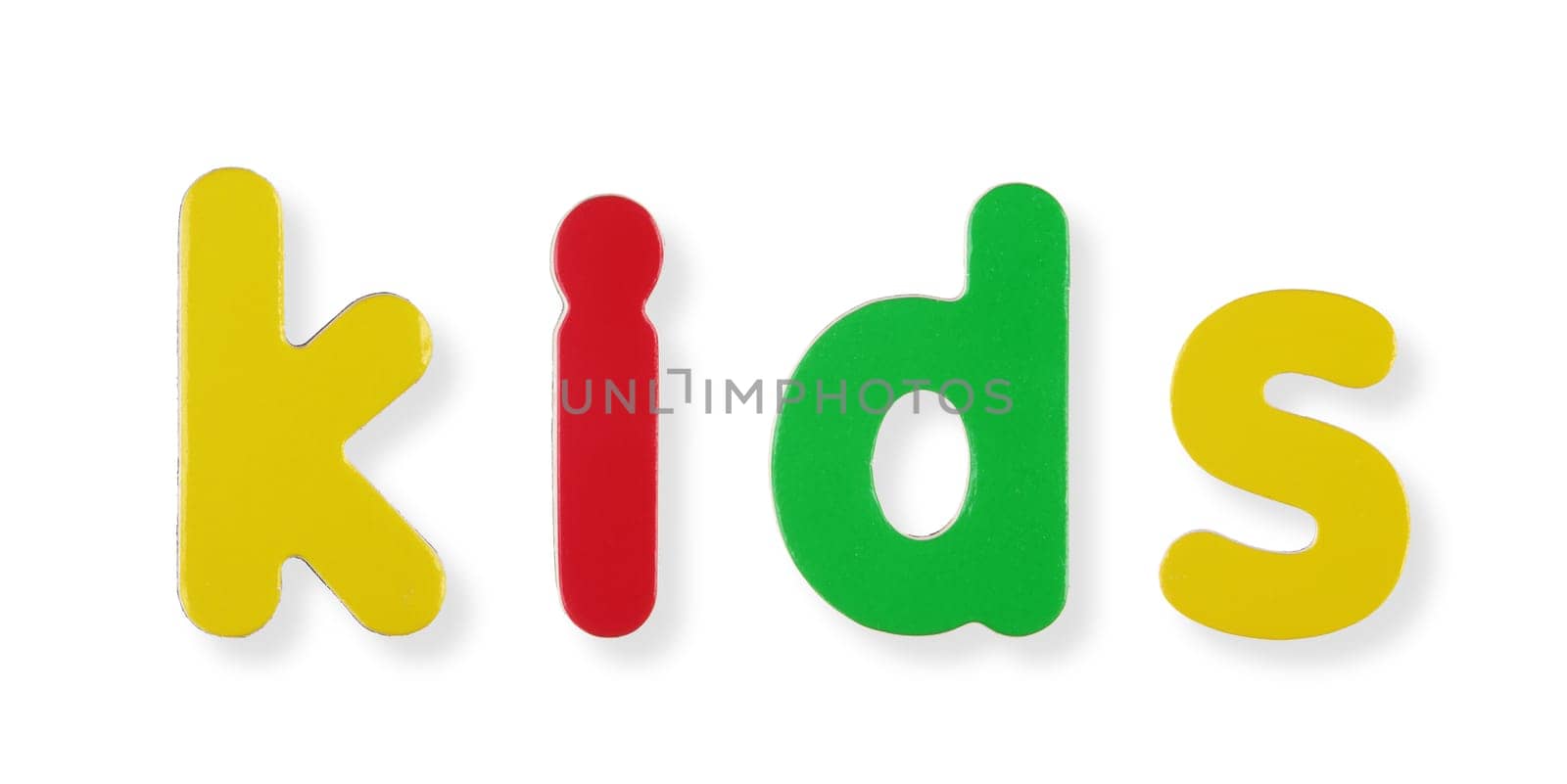 A kids word in coloured magnetic letters on white with clipping path to remove shadow