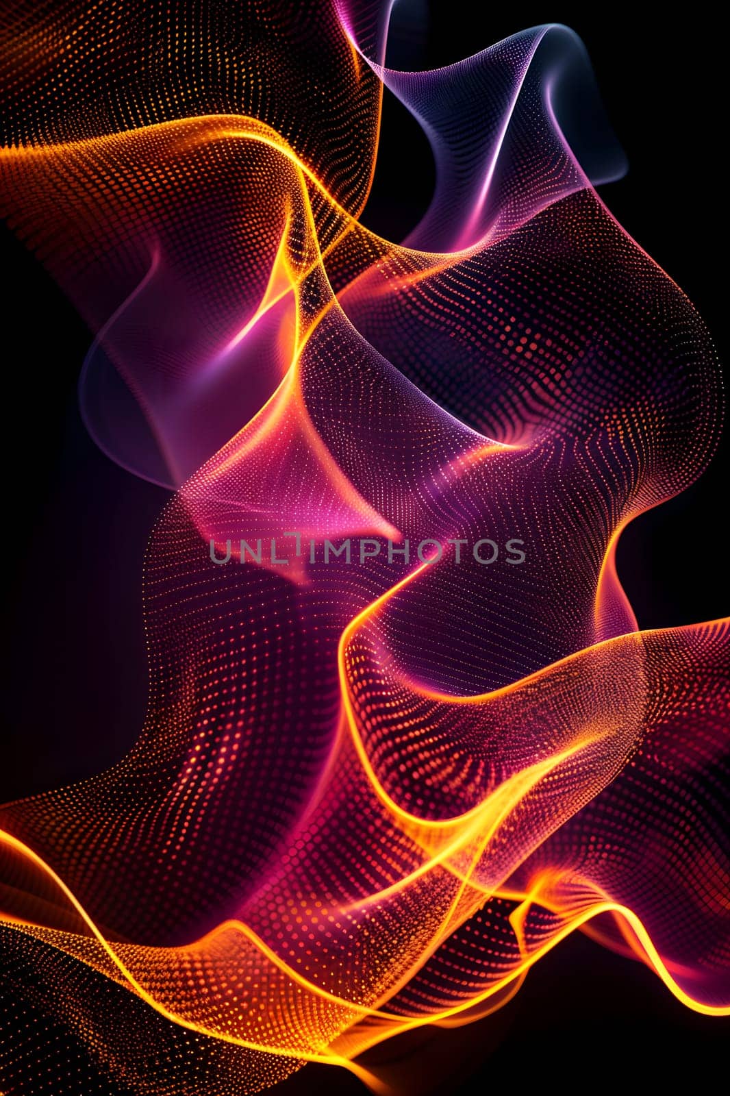 A vibrant and colorful wave of purple, pink, red, magenta, and electric blue hues on a black background creates a mesmerizing art pattern resembling gas in motion