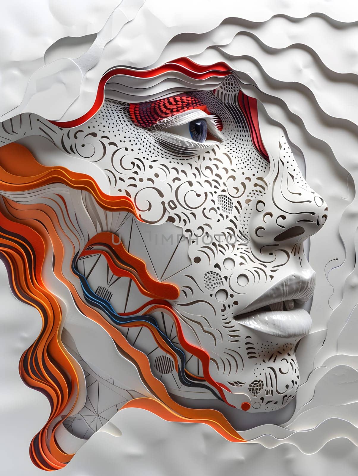 A sculpture depicting a womans face with intricate patterns by Nadtochiy