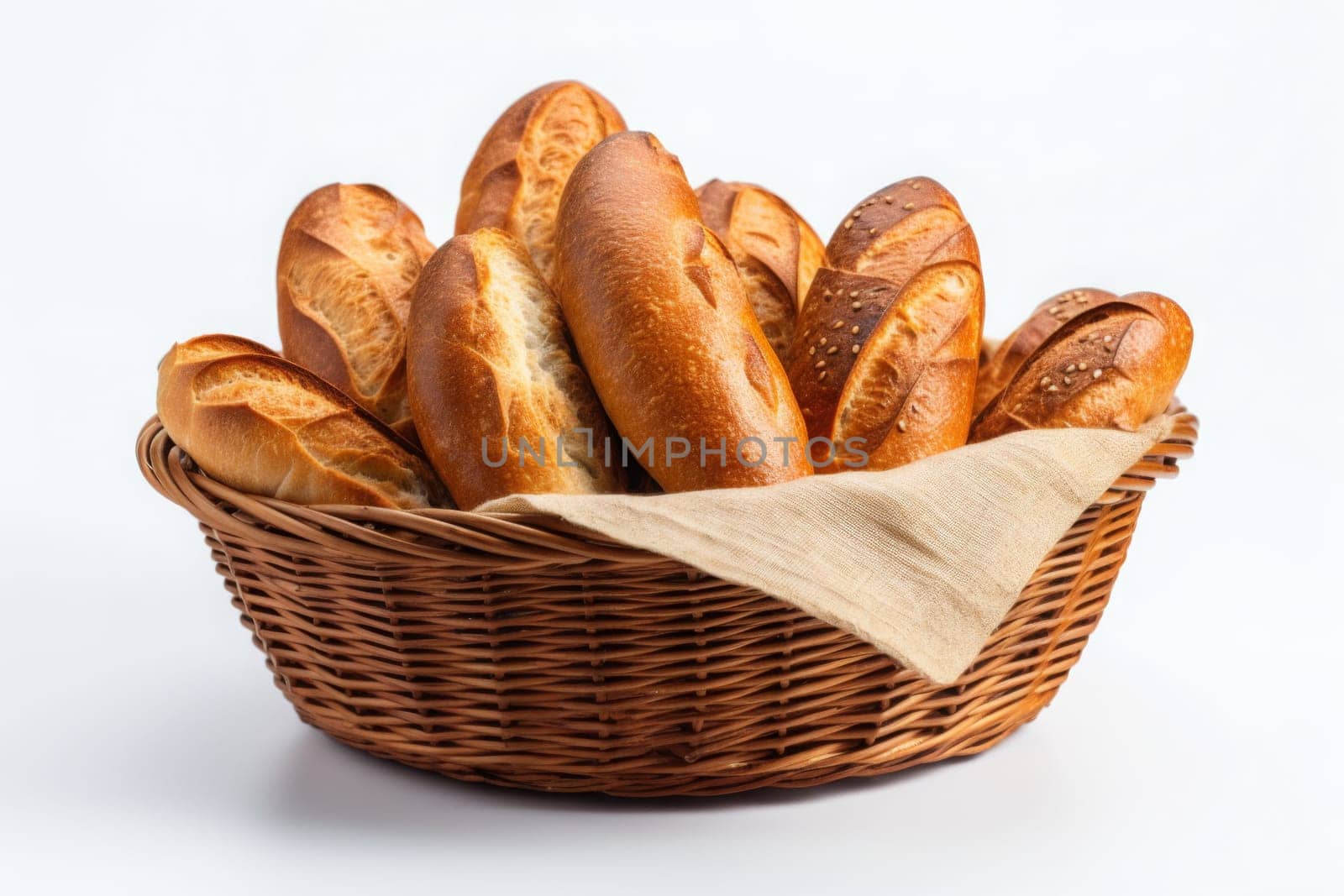 Bakery basket. Fresh, sweet bread in the basket. Generated AI. by Oxdesign